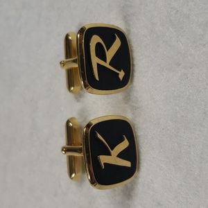 Vintage Cufflinks Initials R and K Gold Metal on Black